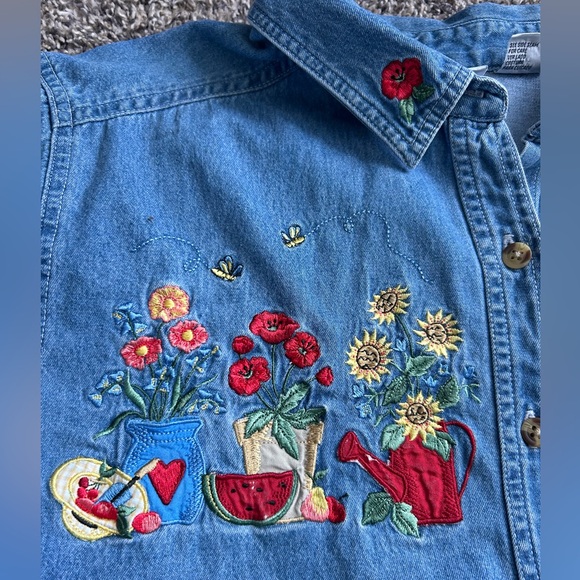Bobbie Brooks Vintage Novelty Garden Themed Denim Button up shirt XL - Picture 4 of 9
